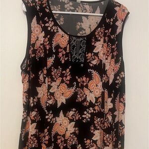 3x, sleeveless black floral blouse by PerSeption.